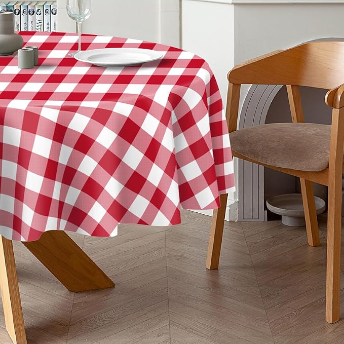 QIKSION Red Gingham Round Tablecloth 2 Pack, 84 Inch Plastic Checkered Table Cover Disposable for Parties