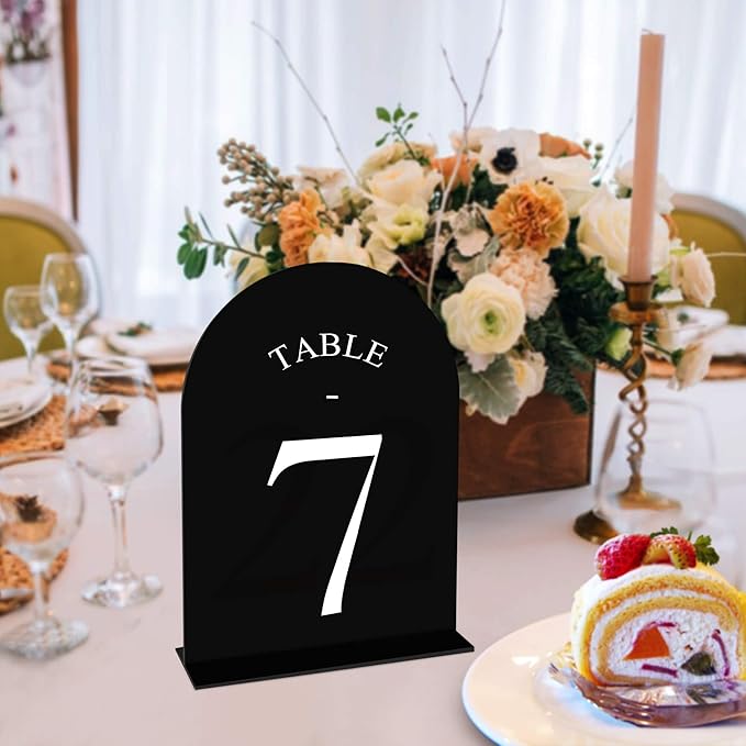 JOYIT Arch Wedding Table Numbers 1-40 with Stands – Double-Sided Printed 5" X 7" Acrylic Table Signs with Black Background White Text, Perfect Acrylic Table Numbers for Wedding Receptions, Parties, Anniversaries, and Events
