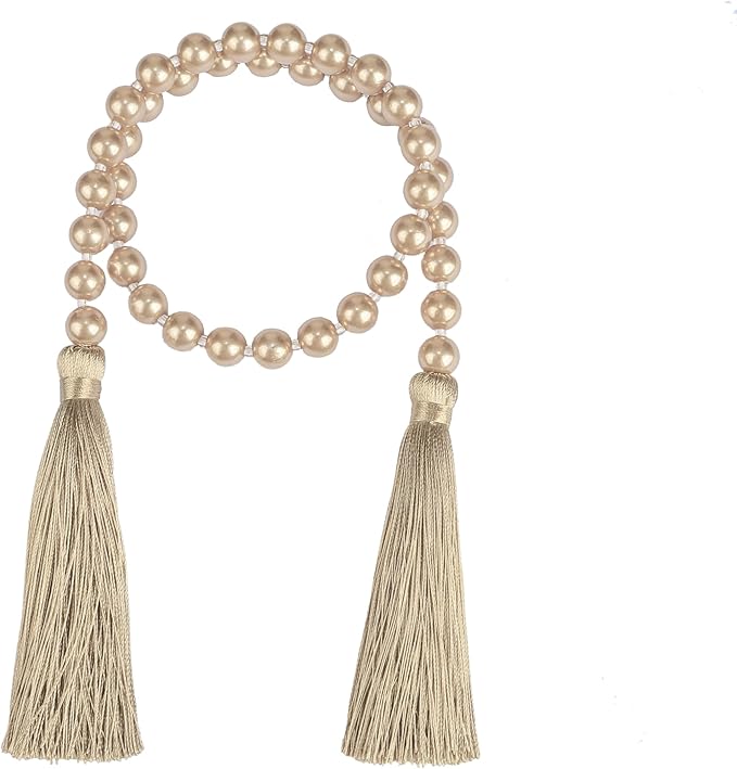 Fenghuangwu 34 Inch Pearl Glass Bead Garland with Tassels - Elegant Boho Table Decor, Fringe Wall Hanging for Wedding, Party, Farmhouse Rustic Prayer Bead Home Decoration(2 Pack,Champagne Gold)