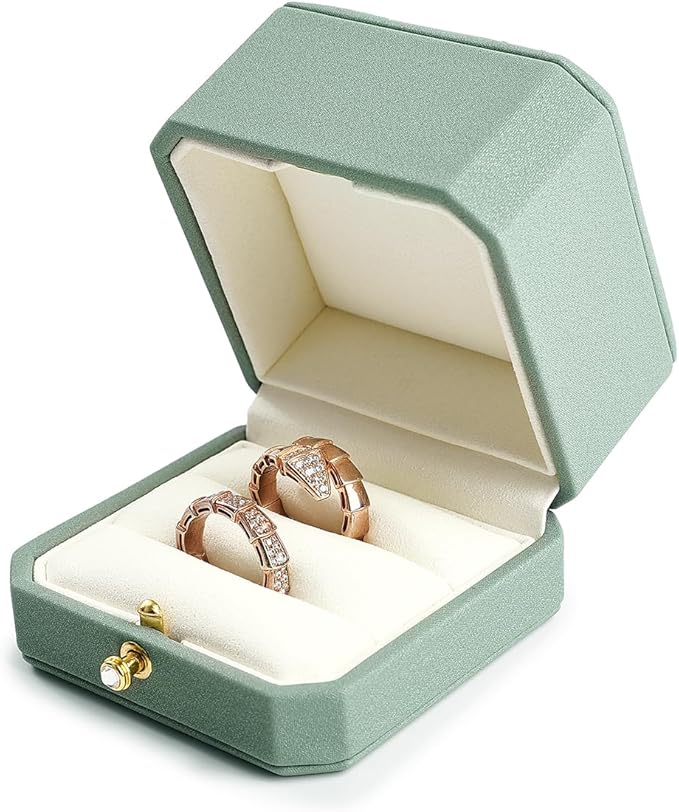 Oirlv Premium Leather Double Ring Box for Wedding Ceremony Engagement Couple Rings Holder Jewelry Gift Case(Green,Double)