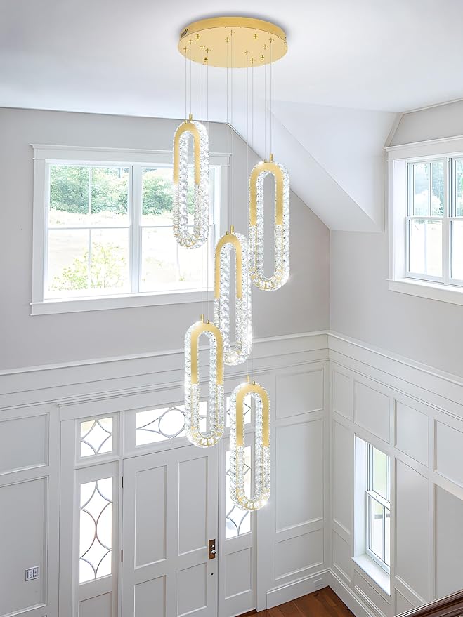 5 Rings Crystal Chandeliers for Staircase Large Pendants Light Fixture Gold High Ceiling Chandelier for Entryway Bedroom Foyer 2700K-6000K