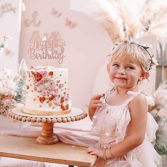 1 PCS Happy 5th Birthday Cake Topper Glitter Cheers to 5 Years Cake Pick Number 5 Fabulous Cake Decoration for 5th Birthday Theme Party Decorations Supplies Rose Gold