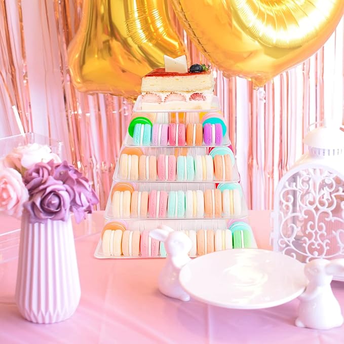 5 Tiers Square Macaron Tower Stand, Plastic Transparent Cake Stand Macaroon Display Rack Desserts Cupcake Holder Platter for Wedding, Birthday Party, Baby Shower, Party Decor