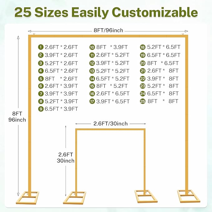 8FT Wedding Arch Backdrop Stand, Gold Square Back Drop Adjustable Stand Metal Arch Heavy Duty Backdrop Stand Kit Frame for Party Wedding Birthday Photobooth Decorations