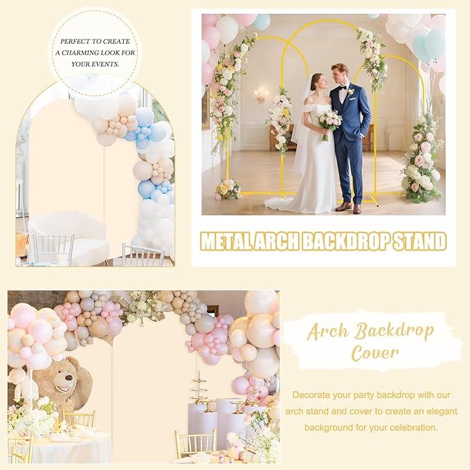 Metal Arch Backdrop Stand Set of 2 with Cover (7.2FT, 6FT) Wedding Arches Stand and Beige Spandex Arch Covers Stretchy Backdrop Balloon Arch Stands and Cover Set for Baby Shower Birthday Party Decor