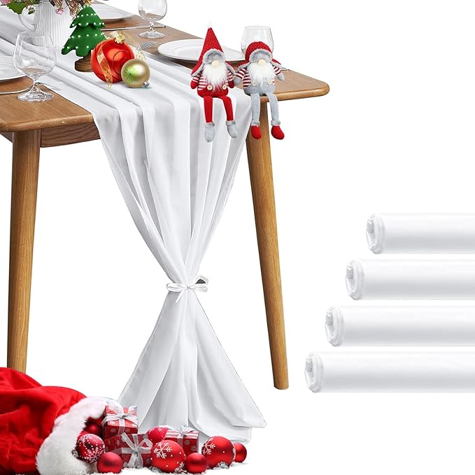 5 Pack 10Ft White Chiffon Table Runner Sheer 29x120 Inch for Romantic Wedding Decor Bridal & Baby Shower Birthday Rustic Party Decoration