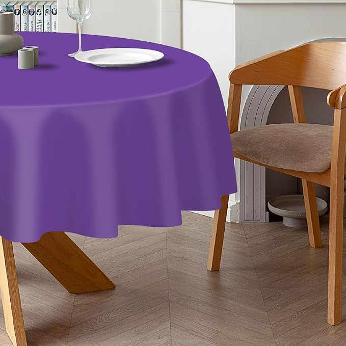 QIKSION Purple Round Tablecloth 2 Pack, 84 Inch Plastic Table Cover Disposable for Parties