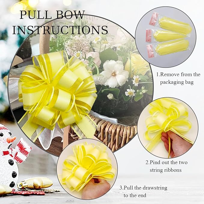 6 Pieces Large Pull Bows, 6 inches, Floral, Yellow, Organza, Wedding, Baby Shower, Bridal Shower, DECORATIVE RIBBON TRIM, 6 Count