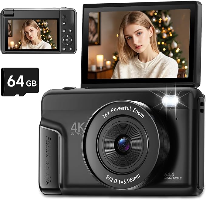 4K Digital Camera for Photography, Autofocus 64MP Vlogging Camera for YouTube with 3" 180° Flip Screen, 16X Zoom Compact Travel Point and Shoot Camera with Flash for Beginners, 64GB Card, Black