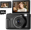 4K Digital Camera for Photography, Autofocus 64MP Vlogging Camera for YouTube with 3" 180° Flip Screen, 16X Zoom Compact Travel Point and Shoot Camera with Flash for Beginners, 64GB Card, Black