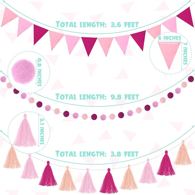 Irenare 9.8 ft Pom Pom Garland Felt Colorful Tassel Banner Christmas Party Pompoms Garland Decorations Felt Pennant Banner for Classroom Home Mantel Fireplace Birthday(Pink)