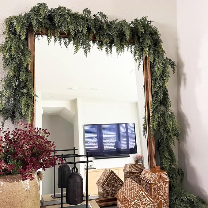 Christmas Cedar Garland Artificial Real Touch Thickness Realistic Greenery Pine Garland for Mantle Fireplace Outdoor Indoor Christmas Decorations 5FT