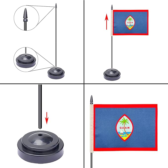 WXTWK 2 Pack Guam Flag - Mini Small Guam Table Office Flags with Black 11.8" Solid Pole Stand Base Classroom Meeting Desktop Decorations