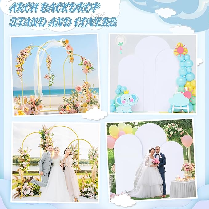 FOTSHARER Arch Stand and Cover Set 7.2FT 6.6FT 6FT Gold Wedding Backdrop Stand White Backdrop Cover for Arch Stand Set of 3 Balloon Arch Stand with Cover for Birthday Party Banquets Baby Showers Decor