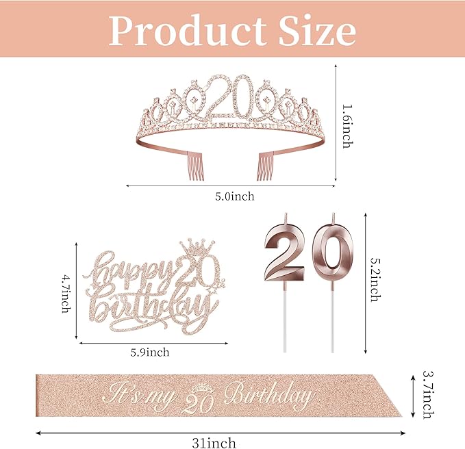 20th Birthday Decorations for Women Including Sash, Crown, Cake Topper and Candles, 20th Birthday Gifts for Women, Rose Gold Party Favor Supplies