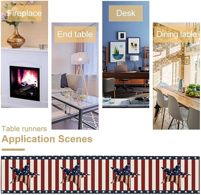 4th of July Table Runner, Patriotic Independence Day American Stars Stripes Flag Print Table Runner for Farmhouse Kitchen Dining Holiday Birthday Party, 13x60inch