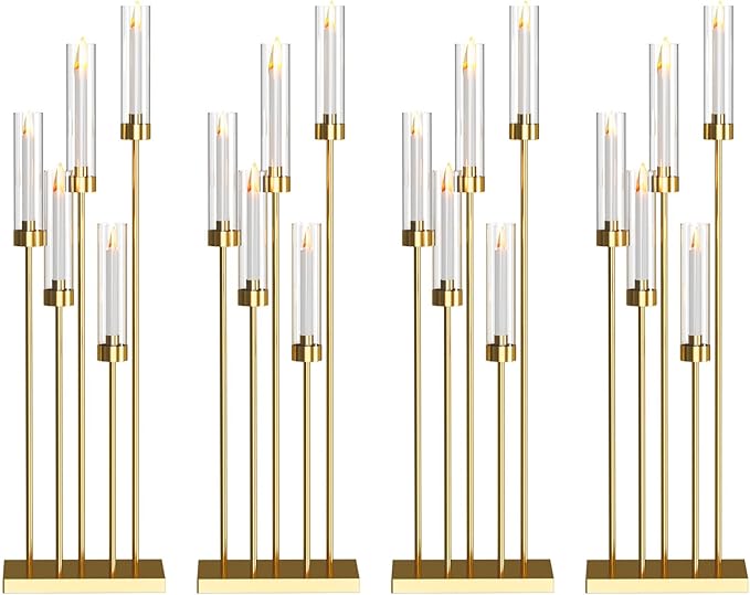 42.5'' Floor Candelabra 5 Arm Candelabra Centerpieces for Tables Gold Candle Sticks Holder 4 Set Tall Metal Candlestick with Acrylic Lampshades for Home Christmas Party (Square)