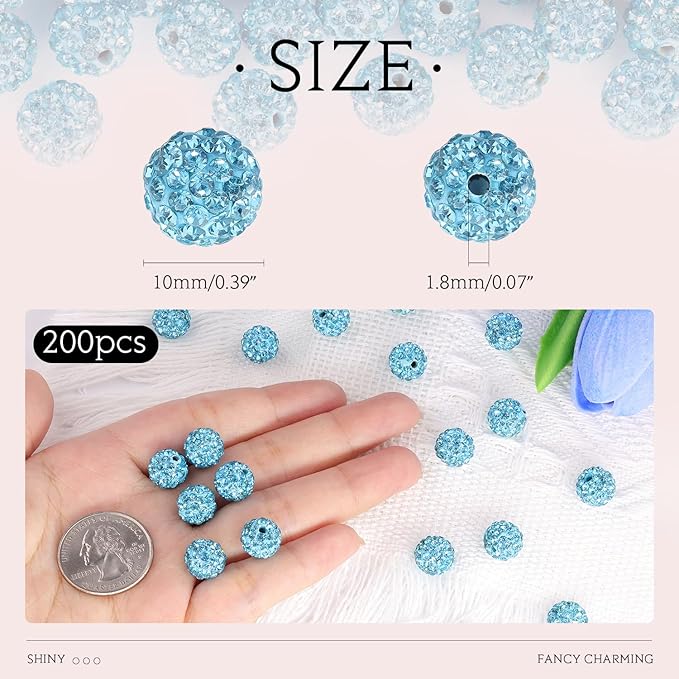 200pcs 10mm Aquamarine Rhinestone Beads for Jewelry Making, Shiny Round Shamballa Disco Ball Beads Bulk, Sparkle Crystal Clay Christmas for Bracelet Baseball Necklace Earring Crafting and DIY