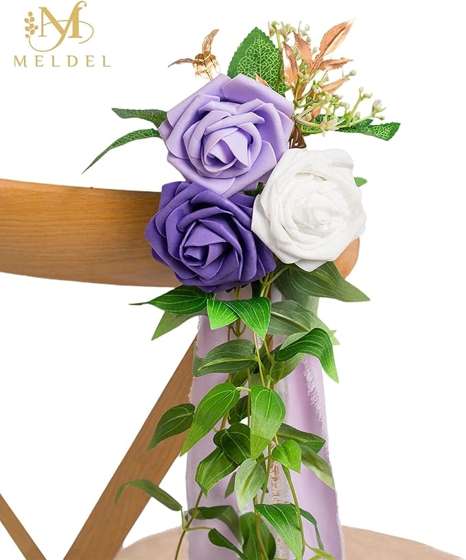 Meldel Wedding Chair Decorations Set of 10 Aisle Artificial Flowers White Puprle Rose Garland with Hanging Ribbons for Ceremony Reception Church Arrangement Party Wedding Decor