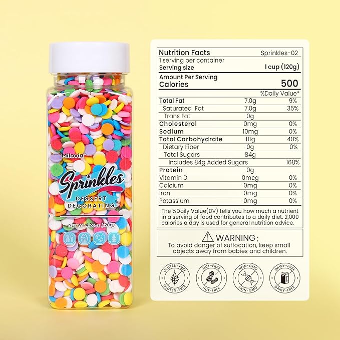 Edible Confetti Sprinkles for Cake Decorating, Round sprinkles, Rainbow Sprinkles for Baking, Cupcakes, Ice Cream Topping, Waffles, Macarons, and Cookies（120g/4.23oz）