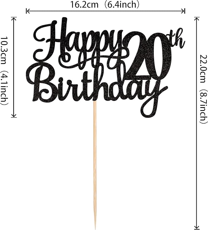 1 PCS Happy 20th Birthday Cake Topper Glitter Cheers to 20 Years Birthday Cake Pick Twenty 20 Fabulous Cake Decoration for Happy 20th Birthday Theme Party Decorations Supplies Black