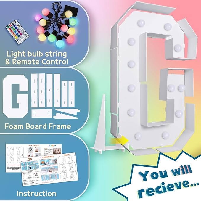 imprsv 4FT Colorful Marquee Light Up Letters G, 18 Colors Large Light up Letters Alphabet Sign with Remote, Large Marry Me Sign, Birthday Party Decorations Baby Shower Anniversary Wedding Decoration