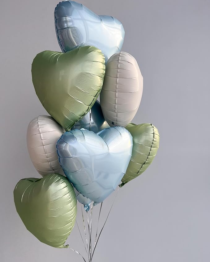 10Pcs Olive Green Foil Heart Shaped Balloons 18 Inch - Retro Green Heart for Baby Shower, Wedding, Valentine Decorations - Love Party Decor