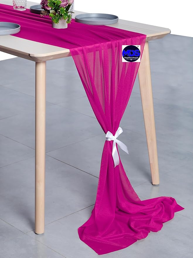 MDS 25 Pack 10ft Chiffon Table Runner 29 x 120 Inches Sheer Wedding Runner Romantic Rustic Table Runner for Wedding Decorations, Birthday Parties, Bridal Shower Party Arch Decor - Magenta
