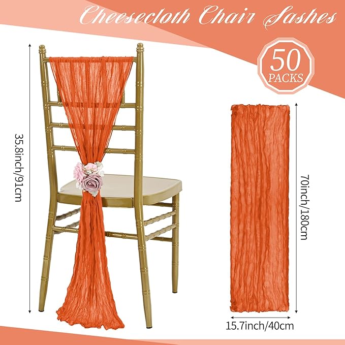 50 PCS Cheesecloth Chair Sashes, Bows Designed ChairSashes, 15.7x70 inch Chair Sashes for Aisle Decorations Universal Chairs Cover Decoration for Wedding Reception Party Banquet (Burnt Orange)