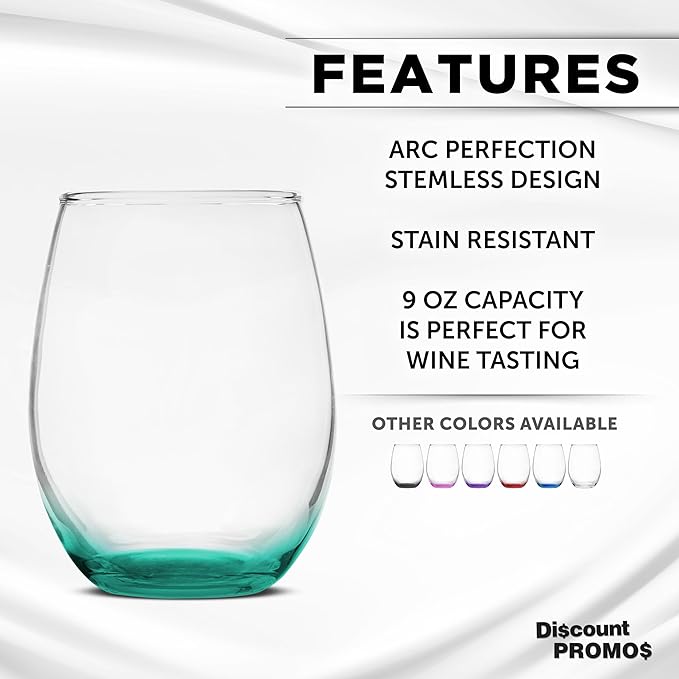 DISCOUNT PROMOS Stemless Wine Glass 9 oz. Set of 10, Bulk Pack - Great for Wedding Favors, Bachelorette Party and More - Green Bottom Color