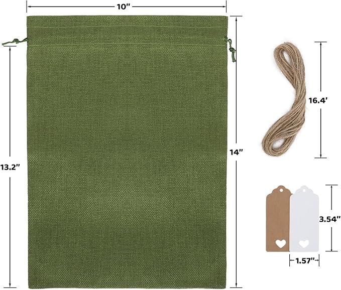 Tapleap Burlap Bags with Drawstring - 10Pcs 10x14 Green Gift Sacks for Wrapping Halloween Favors, Clothes, Toiletries, Breads, Root Ball, For Birthday, Wedding, Party or Household Use
