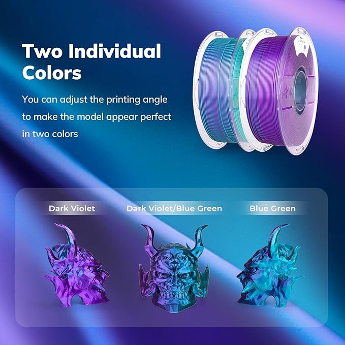 AMOLEN Silk PLA 3D Printer Filament, Dual Color Blue Green & Dark Violet PLA 1.75mm, Shiny Color Change Filament 3D Printing PLA Filament for Most FDM 3D Printer, 1kg Spool(2.2lbs)