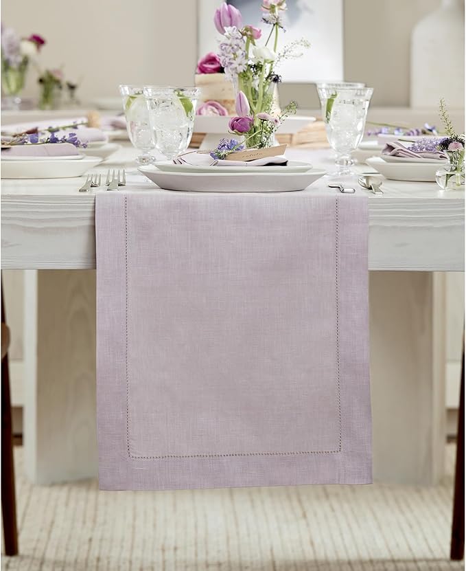 Solino Home Linen Lilac Table Runner 90 Inches Long - 100% Pure Linen Hemstitch 14 x 90 Inch Table Runner for Dining, Fall, Autumn, Thanksgiving, Christmas - Classic Hemstitch