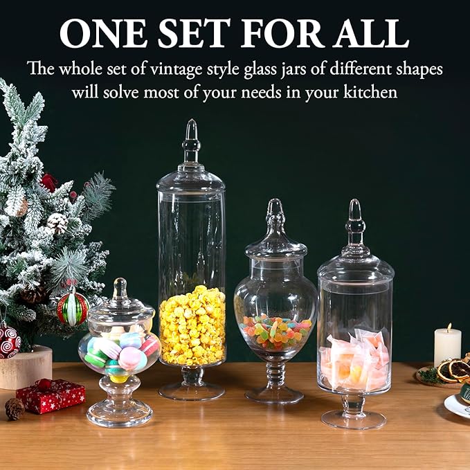 MyGift 4 Piece Set Clear Glass Apothecary Jars with Lids, Bathroom Decor, Candy Buffet, Wedding Centerpiece Decorative Jar