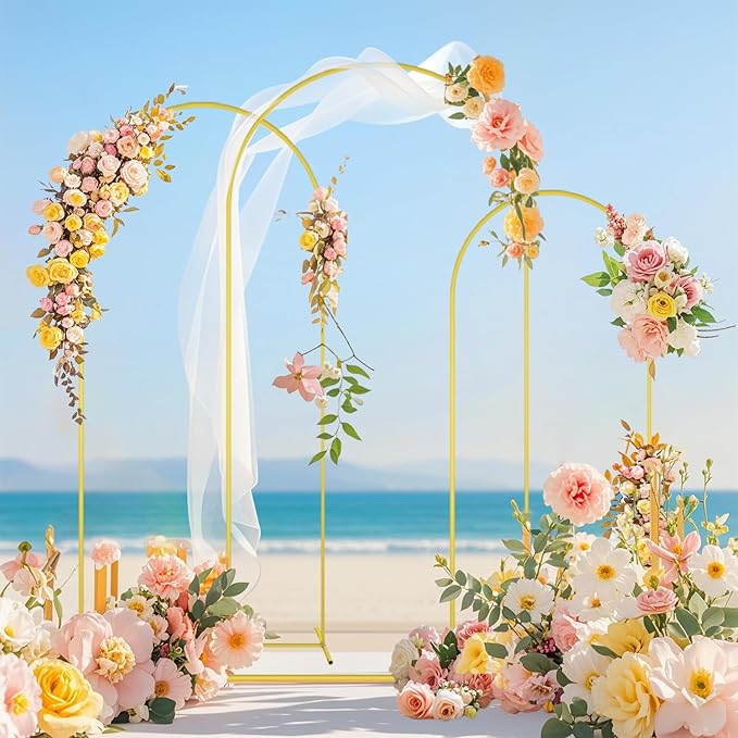 FOTSHARER Metal Wedding Arch Stand and Cover Set of 3 Gold Balloon Arch Backdrop Stand 6FT, 5FT, 4FT Beige Spandex Arch Covers Stretchy Backdrop for Gender Reveal Baby Shower Birthday Party Decoration
