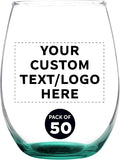 Custom Stemless Wine Glass 9 oz. Set of 50, Personalized Bulk Pack - Great for Wedding Favors, Bachelorette Party Decorations, Party Favors, Color Bottom - Green