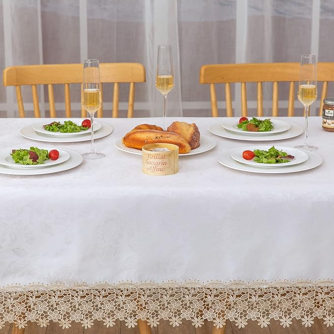 Beige lace Premium Rectangle Farmhouse Tablecloth Waterproof OilProof SpillProof AntiShrink Soft Wrinkle Resistant Decorative Fabric Table Cover Kitchen Dinning Party Wedding Banquet