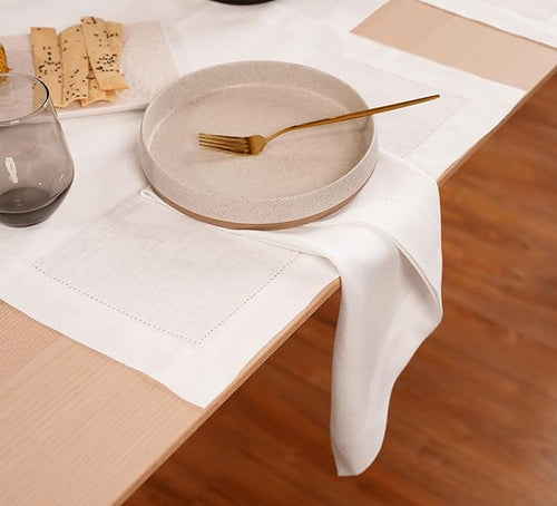 100% Pure Linen White Napkins 20 x 20 Inch - Hemstitch Christmas Dinner Napkins Set of 4 - Cloth Fabric Napkins for Thanksgiving, Winter, New Year - Elara