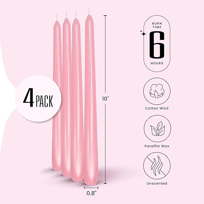 Leor & Lair Light Pink Taper Candles - 4 Pack 10" Pink Candlesticks - Unscented Blush Candles for Weddings, Mother’s Day, Baby Showers, Dinner Table & Holiday Decor