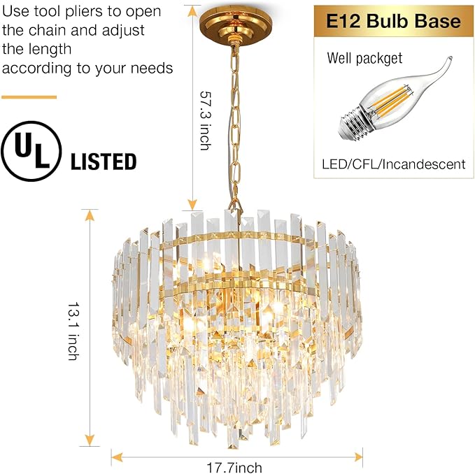 Gold Copper Crystal Chandelier Lighting 17.7'' for Dining Rooms Bedroom Foyer Entryway Ceiling Hanging Pendant Chandelier Light Fixture Lamp