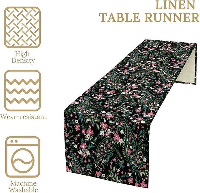 Paisley Table Runner, Abstract Vintage Boho Pink Paisley Flowers Green Teal Leaves Print Table Runner for Dinning Holiday Party Indoor Outdoor Decor, 13x70inch