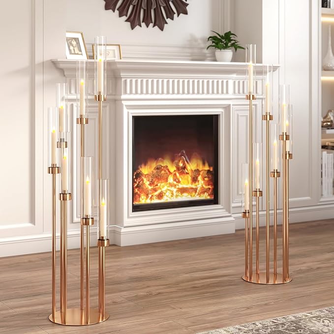46.5'' Floor Candelabra 7 Arms Floor Candle Holders for Wedding Gold Candle Sticks Holder Decor Metal Candlestick Set with Acrylic Lampshades for Home Party (7 arm Round 46.5in)