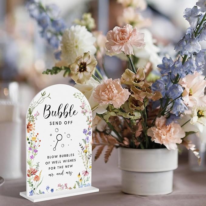 Acrylic Wedding Signs, Bubble Send Off Signs for Marriage Reception, Bridal Shower Decorations, Modern Arched Round Top Acrylic Table Top Sign with Holder for Wedding Party Dinner (White Wildflowers)