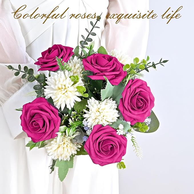 BLEUM CADE 36Pcs Artificial Flowers Fake Roses with Stems, Rose Red Boxed Foam Roses for DIY Bouquets Centerpieces Wedding Party Arrangement Bridal Shower Decor