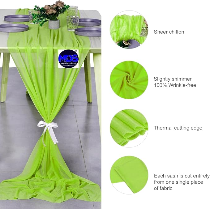 MDS 15 Pack 10ft Chiffon Table Runner 29 x 120 Inches Sheer Wedding Runner Romantic Rustic Table Runner for Wedding Decorations, Birthday Parties, Bridal Shower Party Arch Decor - Parrot Green