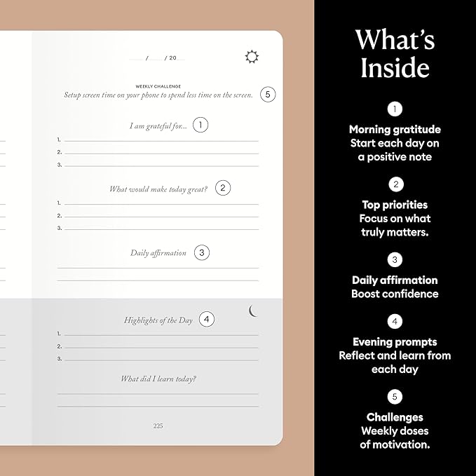 Intelligent Change The Five Minute Journal, Original Daily Gratitude Journal 2025, Reflection & Manifestation Journal for Mindfulness, Undated Daily Journal with Gold Foiling, Plastic-Free, Black