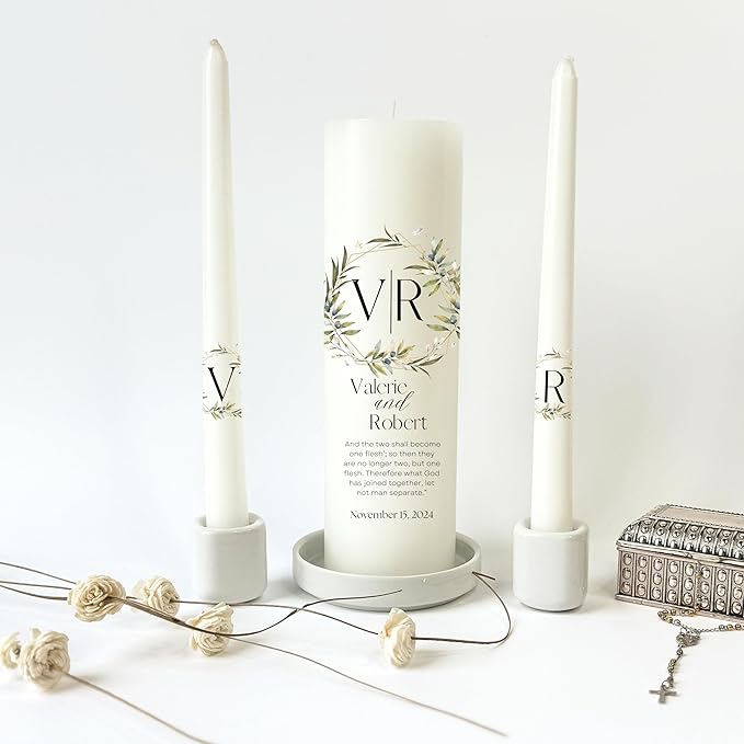 Unity Candles for Wedding, Modern Unity Set, Custom and Personalized Pillar and Taper Candles with Bible Quote, Unscented White Premium Wax, Religious and Wedding Ceremony, Special Events (Garden)