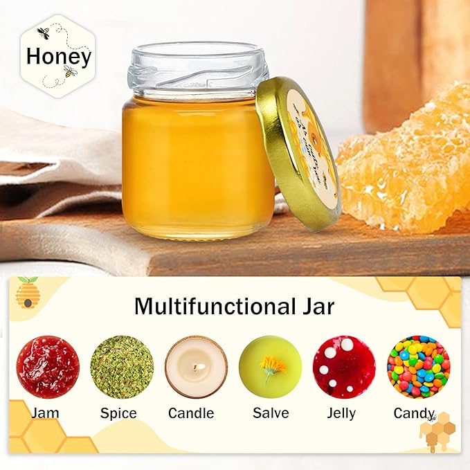 Aliggbent 126 Pack Mini Honey Jars for Party Favors in Bulk, 1.5 oz Small Round Glass Honey Jars with Dippers, Lids, Cute Stickers, Bee Charms, Bags and Jute for Baby Showers, Weddings & Birthdays