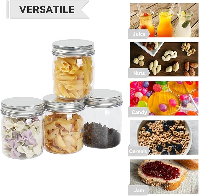 novelinks 8 oz Clear Plastic Jars with Screw-On Lids - BPA-Free Refillable Storage Containers for Slime, Spices, Crafts, Kitchen & Home Organization (48 Pack,Silver)