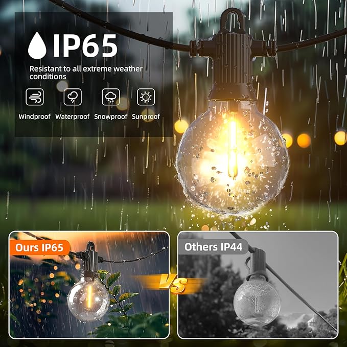 Kawaya Outdoor String Lights 50 FT LED Patio Light with 25+2 Shatterproof Edison Globe Bulbs - IP65 Waterproof Dimmable Hanging Lights - 2700K Warm White Lighting for Outside Porch Deck Bistro Cafe